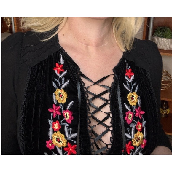 Free People Black Velvet Embroidered Lace Up Boho Midi Dress Floral Folk Slit - Picture 3 of 7